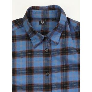 Uniqlo Size XL Womens Blue Brown White Trim Plaid Flannel Long Sleeve Shirt